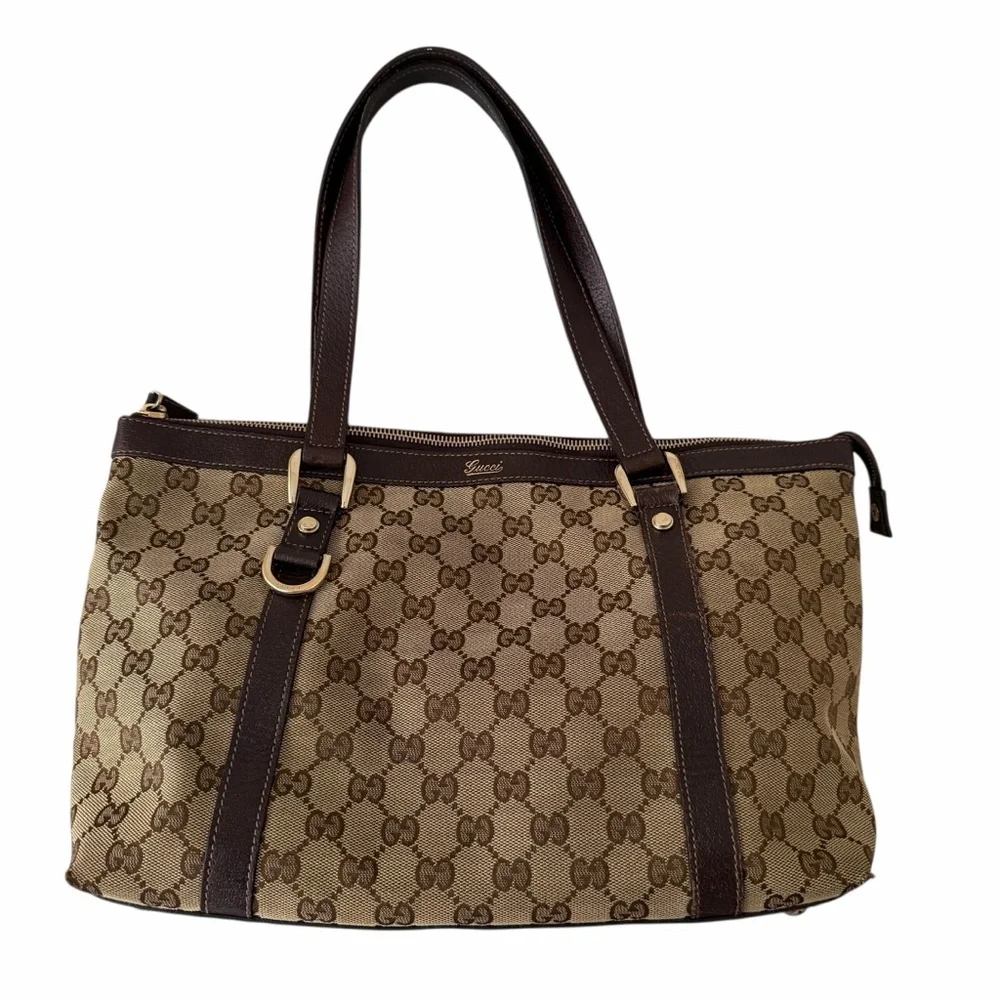 Gucci GG Canvas Abbey Monogram Tote D-Ring Shoulder Leather Handbag Purse Bag - Picture 3 of 16